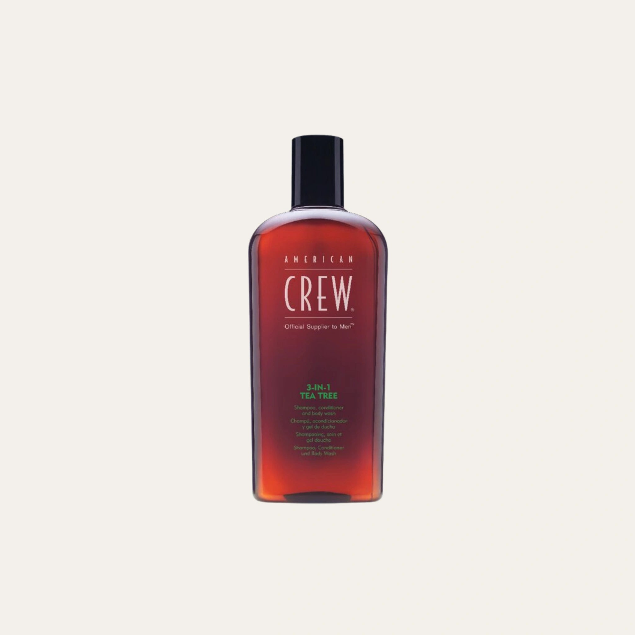 American Crew 3-in-1 Tea Tree Shampoo Conditioner & Body Wash pesee ja hoitaa hiukset sekä vartalon, jättäen raikkaan ja pehmeän tunteen.