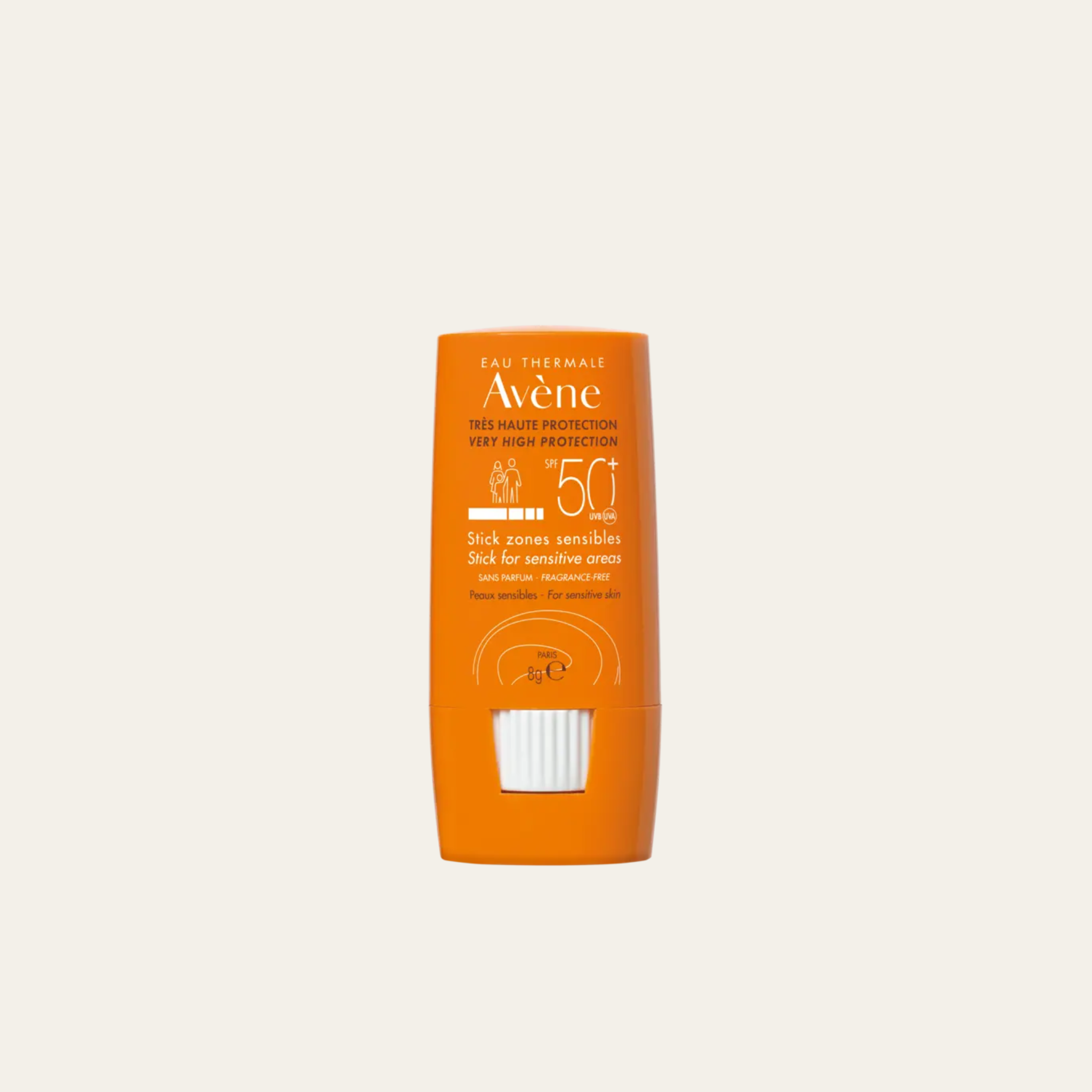Avène Sun Stick Sensitive Area SPF50+ aurinkosuoja, kova ihoalueiden suojaamiseen, kestävä ja kevyt aurinkovoide.