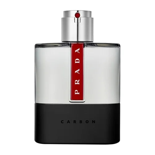 Prada Luna Rossa Carbon EdT tuoksupullo, moderni ja tyylikäs parfyymin pullo, näkyy koko leveydeltä.