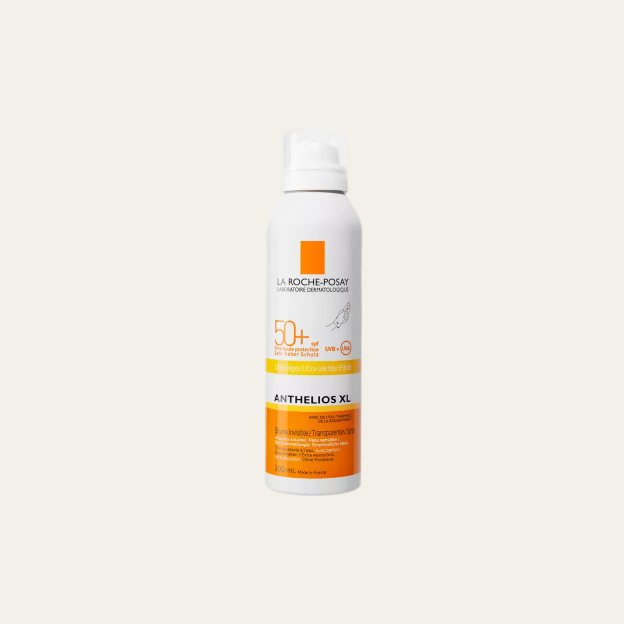 La Roche-Posay Anthelios XL Invisible Mist SPF50+ aurinkosuoja su suihkepullolla, kevyt ja nopeasti imeytyvä suojavoidetta.